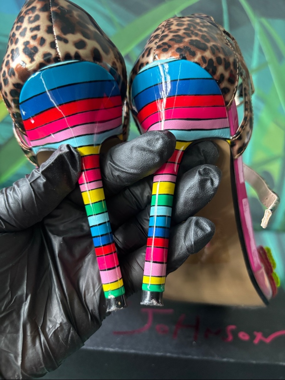 Betsey Johnson Leopard Print Strappy Heels with Rainbow Stripe Heel - Picture 9 of 15